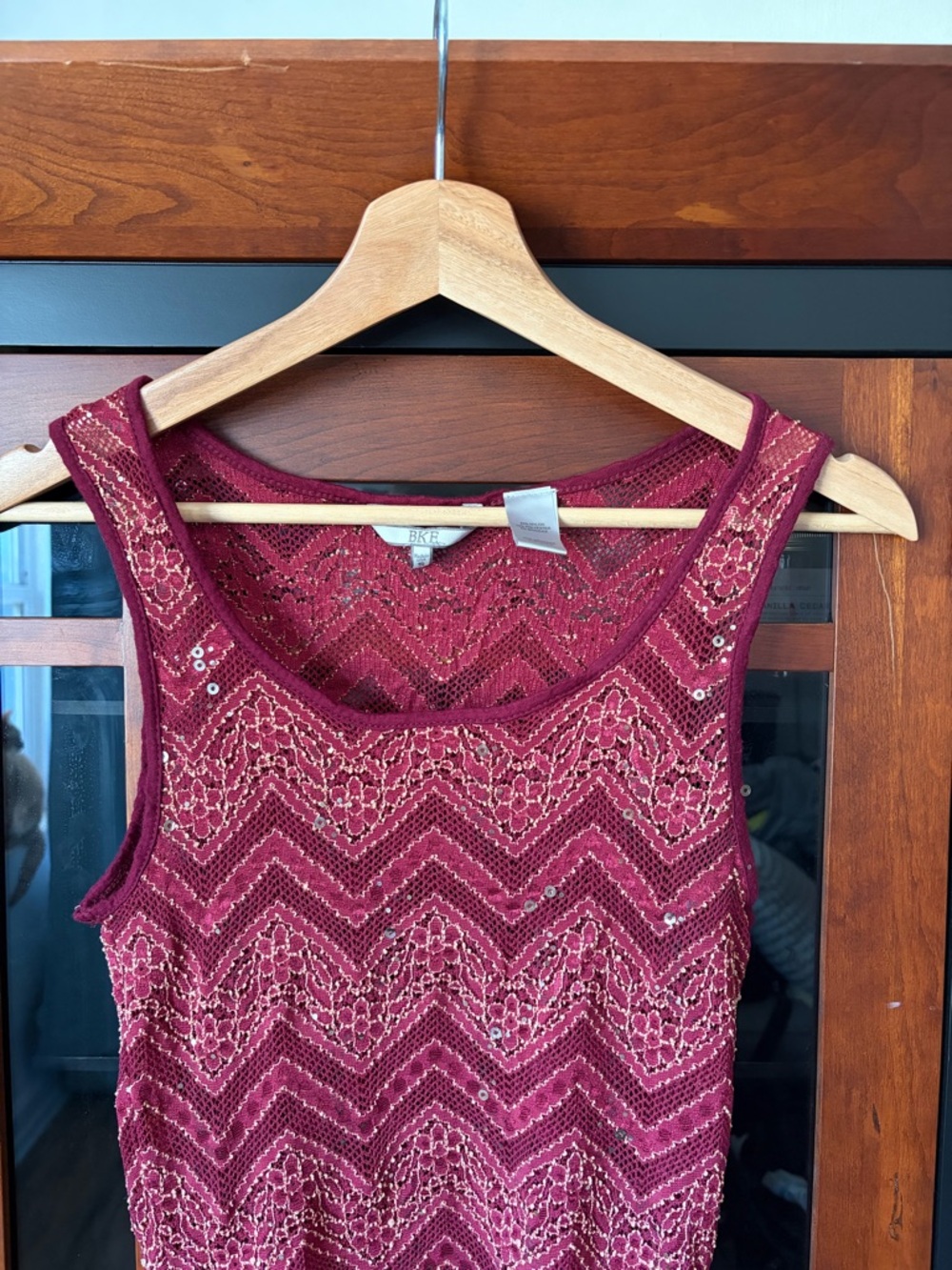 BKE Burgundy Lace Chevron Scoop Tank with Sequins